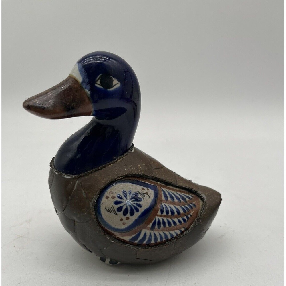 Vintage Hand Painted Mexican folk art Tonala Copper & brass duck figure